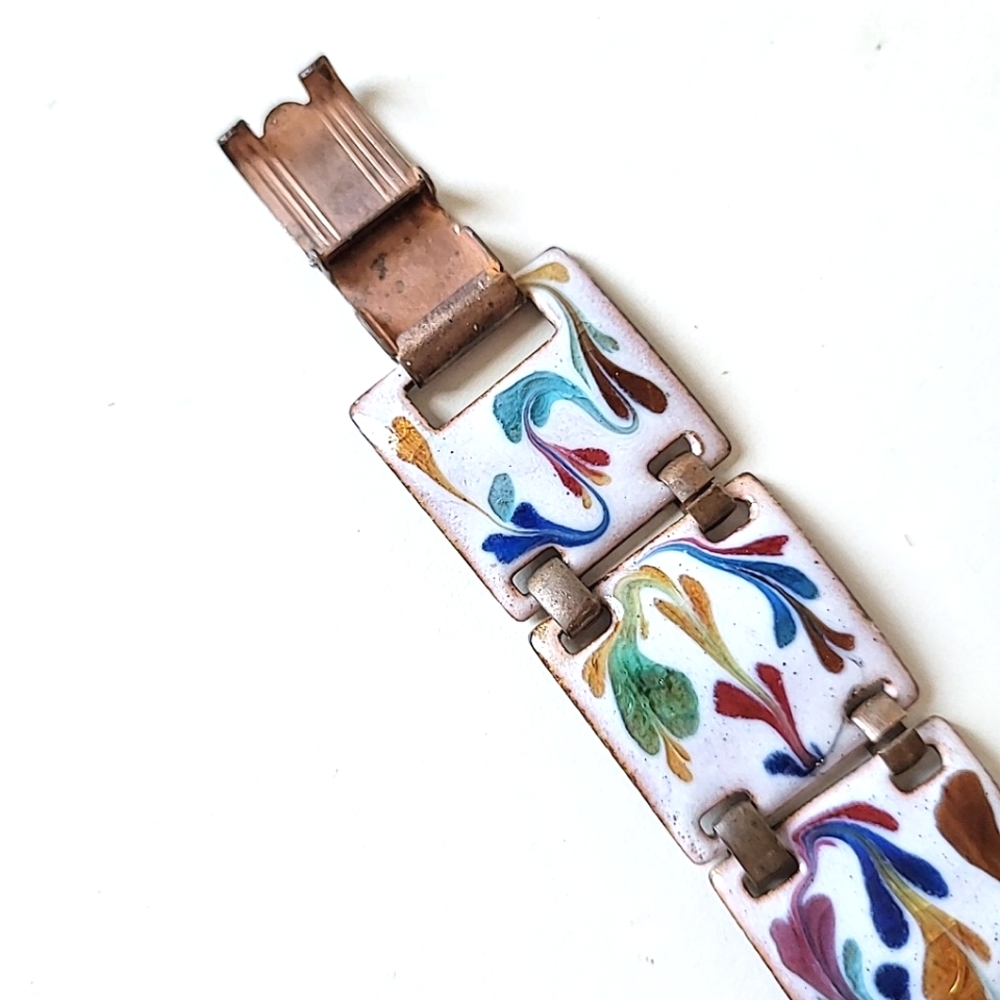 ENAMELED COPPER LINK BRACELET - VINTAGE but VERY SHORT 5 3/4" LENGTH - Picture 4 of 7